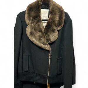 Kate Spade Trina Brown Faux Fur Black Bomber Jacket Gold Classic OldMoney